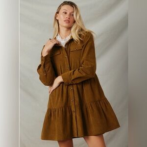 Hayden brown corduroy button up tiered mini dress